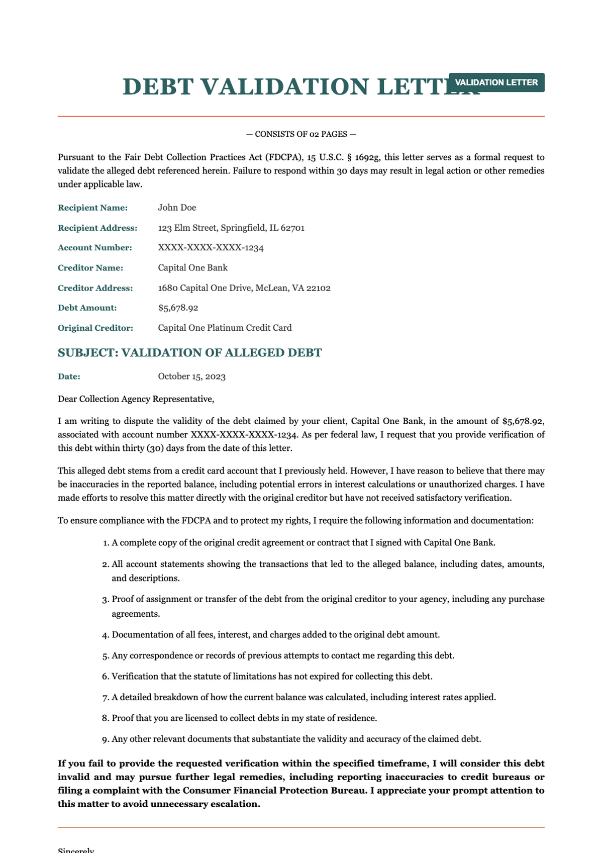 Credit card debt validation letter template with two page layout and structured request sections_variant_1